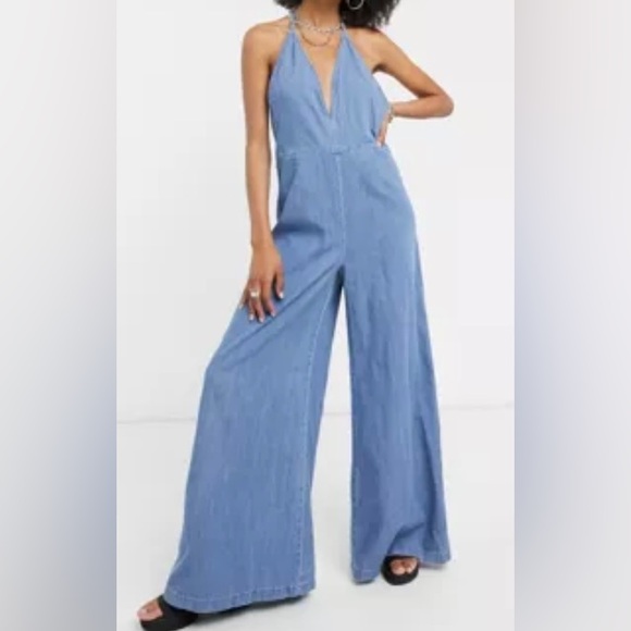 Free People Pants - NWT, Free People "Josie" Denim Halter Jumpsuit w/Low Back and Wide Leg, Sz Small